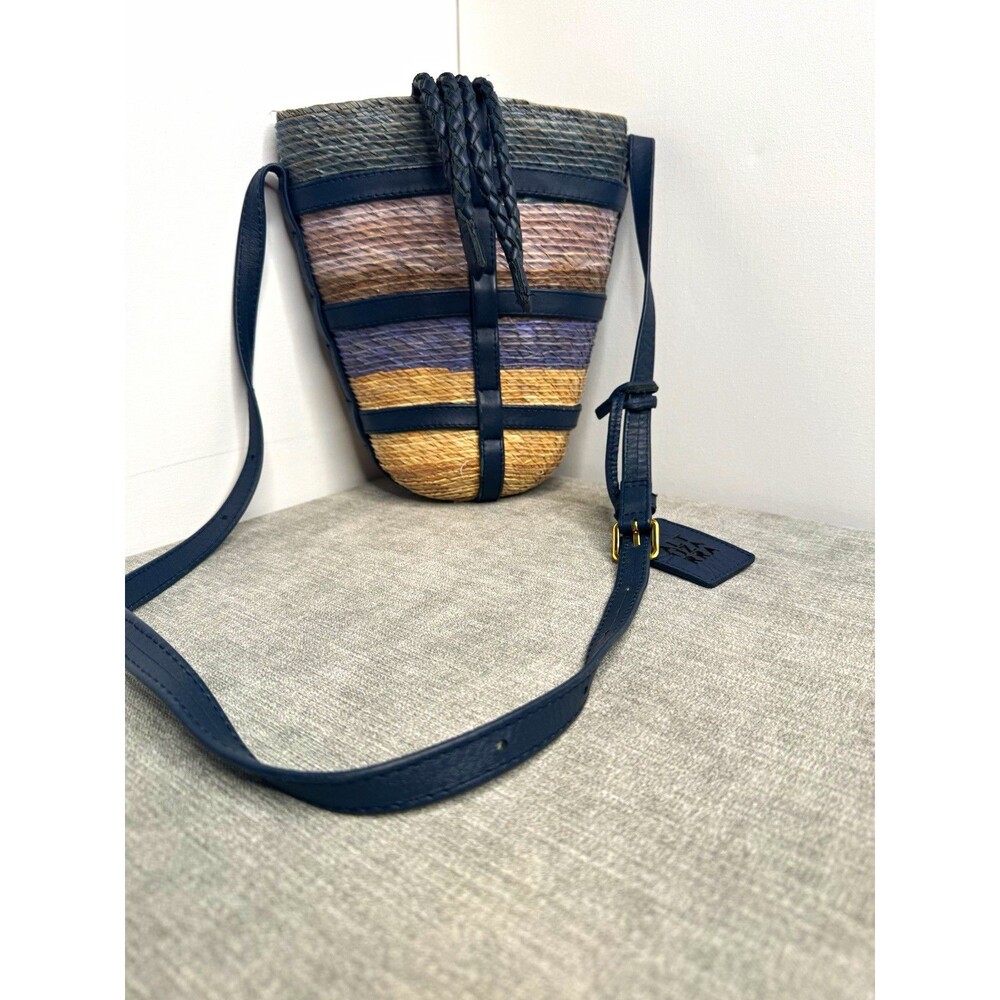 Altuzarra Watermill Small Raffia Bucket Bag Multicolor Navy Leather Crossbody